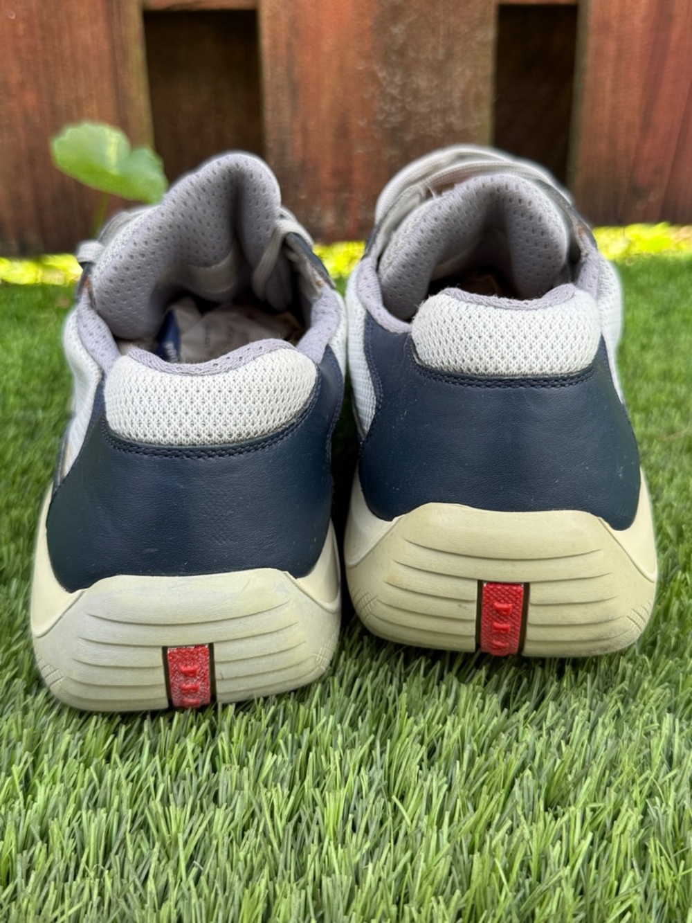 Prada Navy, Gray and Cream Men’s Leather Mesh Sneakers with Red Logo Stripe - Picture 4 of 8